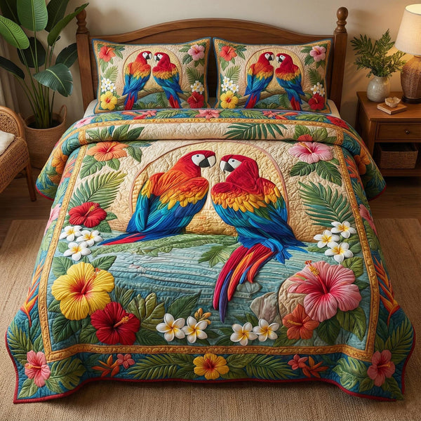 Tropical Sweethearts quilted 3-piece bedding set on a made bed in a light coastal bedroom