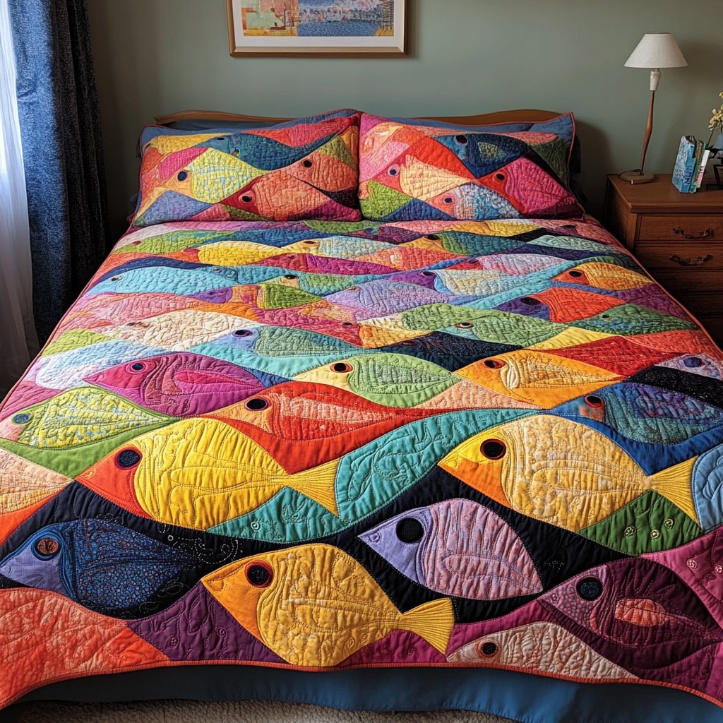 Tropical Swim quilted 3-piece bedding set on a made bed in a light coastal bedroom