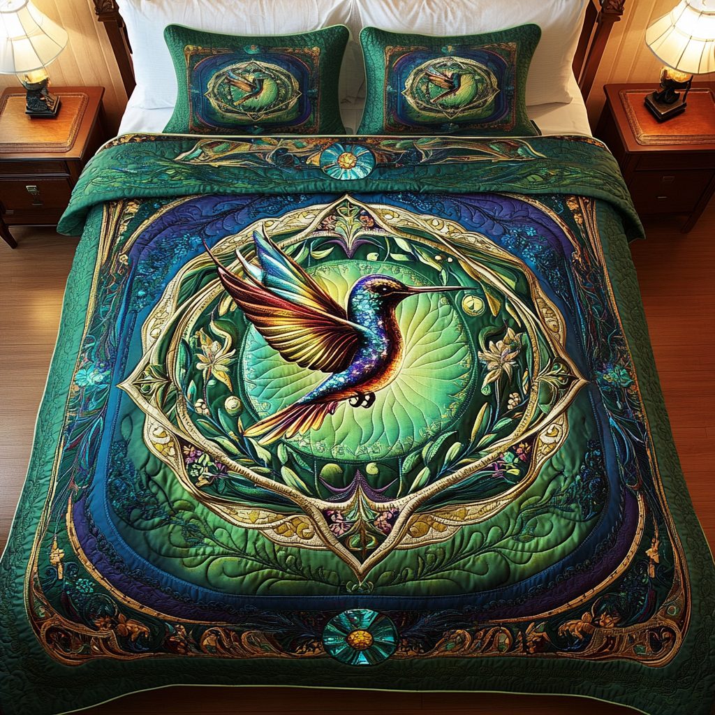 Tropical Tapestry quilted 3-piece bedding set on a made bed in a light coastal bedroom