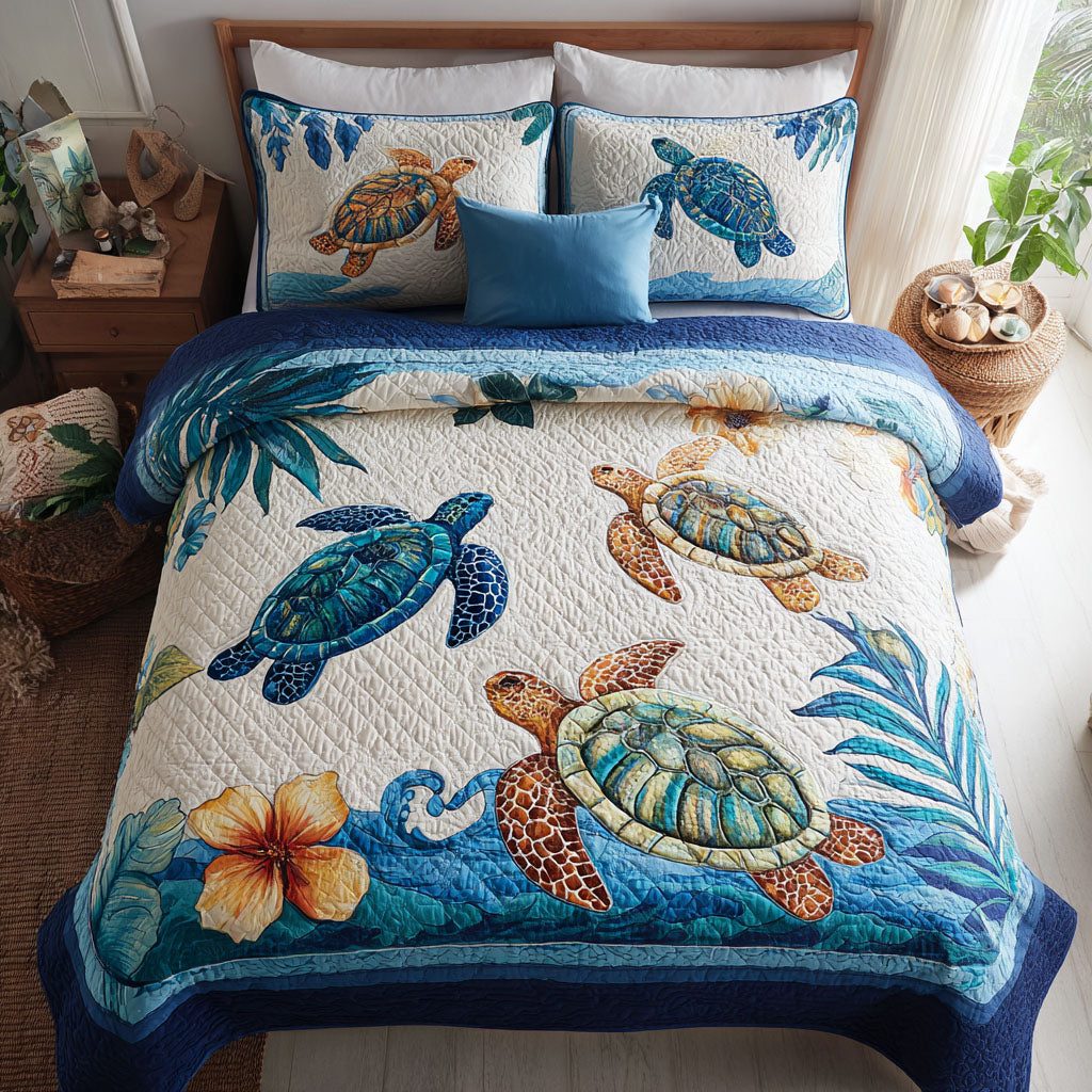 Tropical Tide quilted 3-piece bedding set on a made bed in a light coastal bedroom