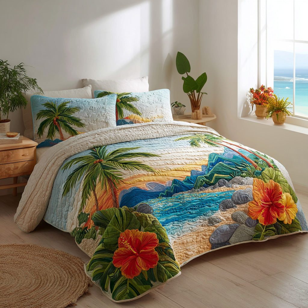 Tropical Tide quilted 3-piece bedding set on a made bed in a light coastal bedroom