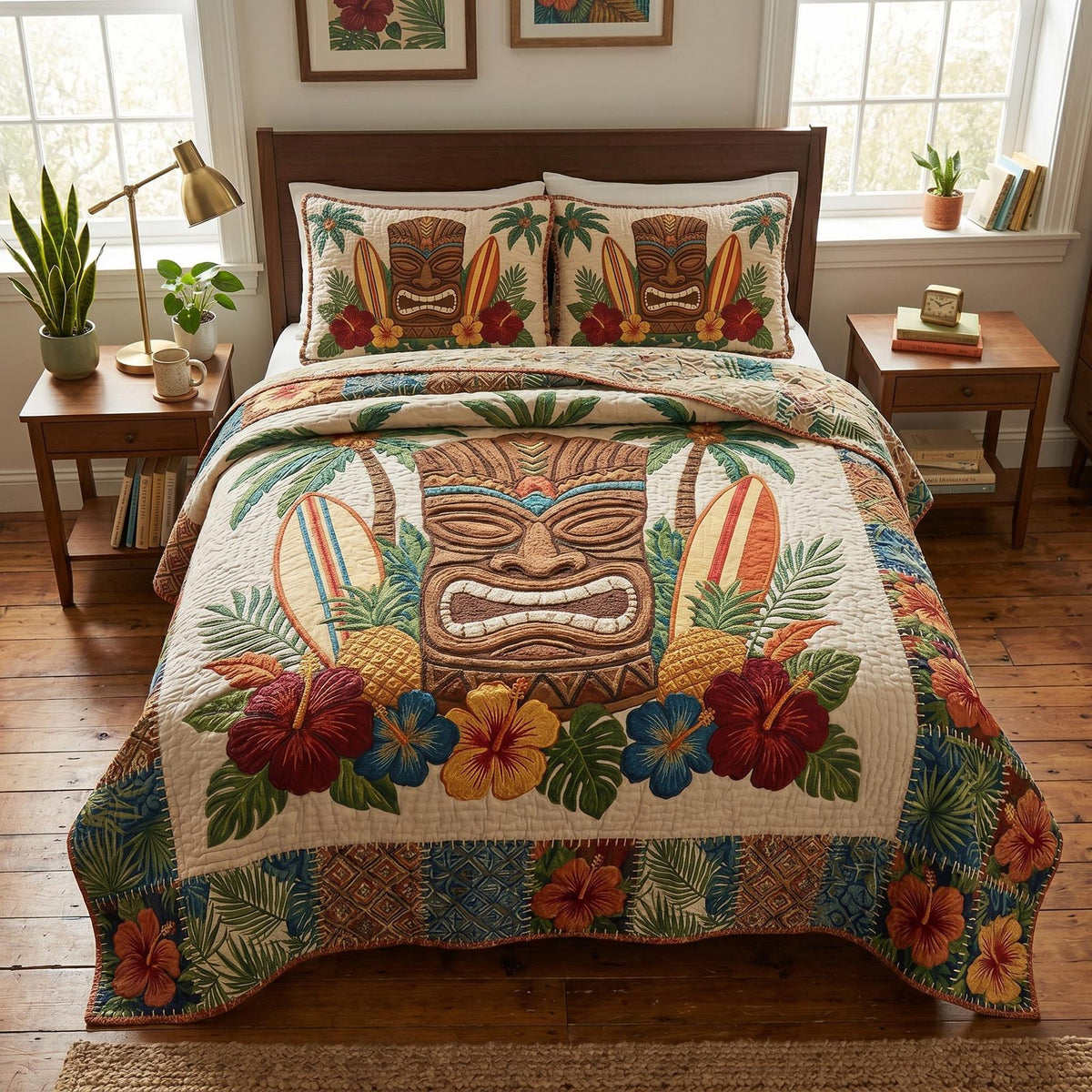 Tropical Tiki quilted 3-piece bedding set on a made bed in a light coastal bedroom