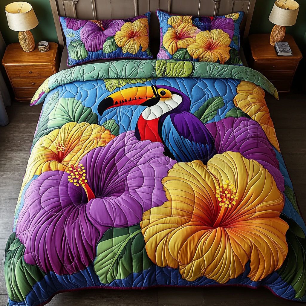 Tropical Toucan quilted 3-piece bedding set on a made bed in a light coastal bedroom