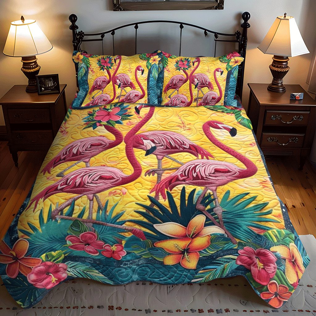Tropical Tranquility quilted 3-piece bedding set on a made bed in a light coastal bedroom