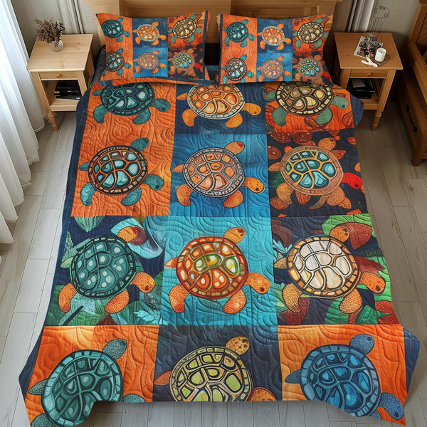 Tropical Turtle Dream quilted 3-piece bedding set on a made bed in a light coastal bedroom