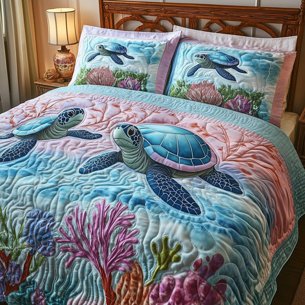 Tropical Turtle Dreams quilted 3-piece bedding set on a made bed in a light coastal bedroom