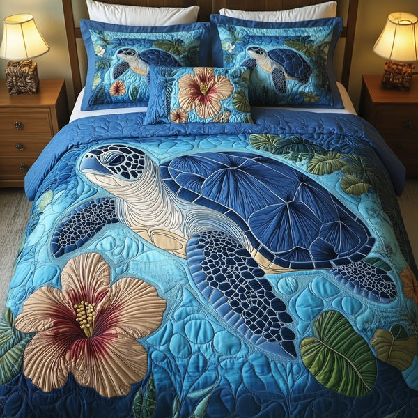Tropical Turtle Dreams quilted 3-piece bedding set on a made bed in a light coastal bedroom