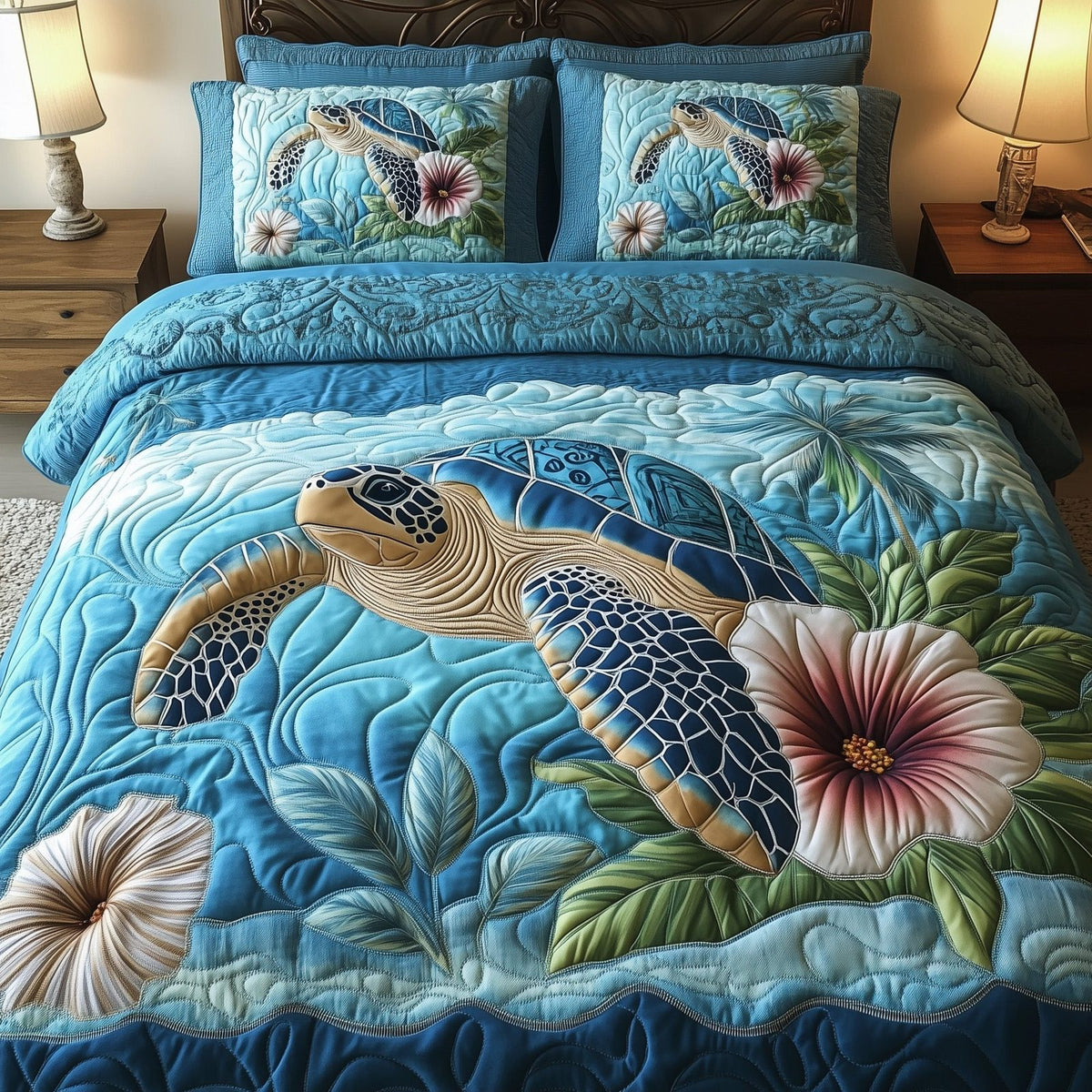 Tropical Turtle Dreams quilted 3-piece bedding set on a made bed in a light coastal bedroom