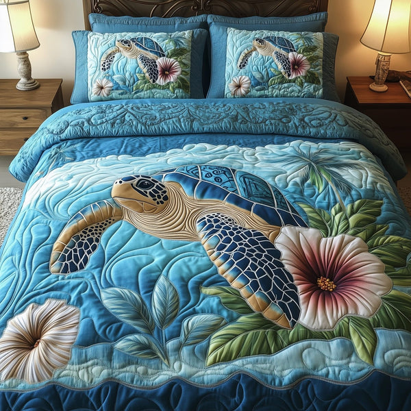 Tropical Turtle Dreams quilted 3-piece bedding set on a made bed in a light coastal bedroom