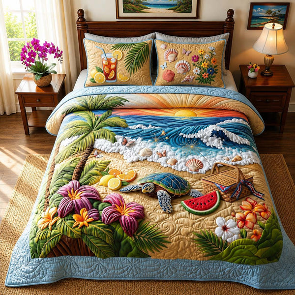 Tropical Turtle quilted 3-piece bedding set on a made bed in a light coastal bedroom