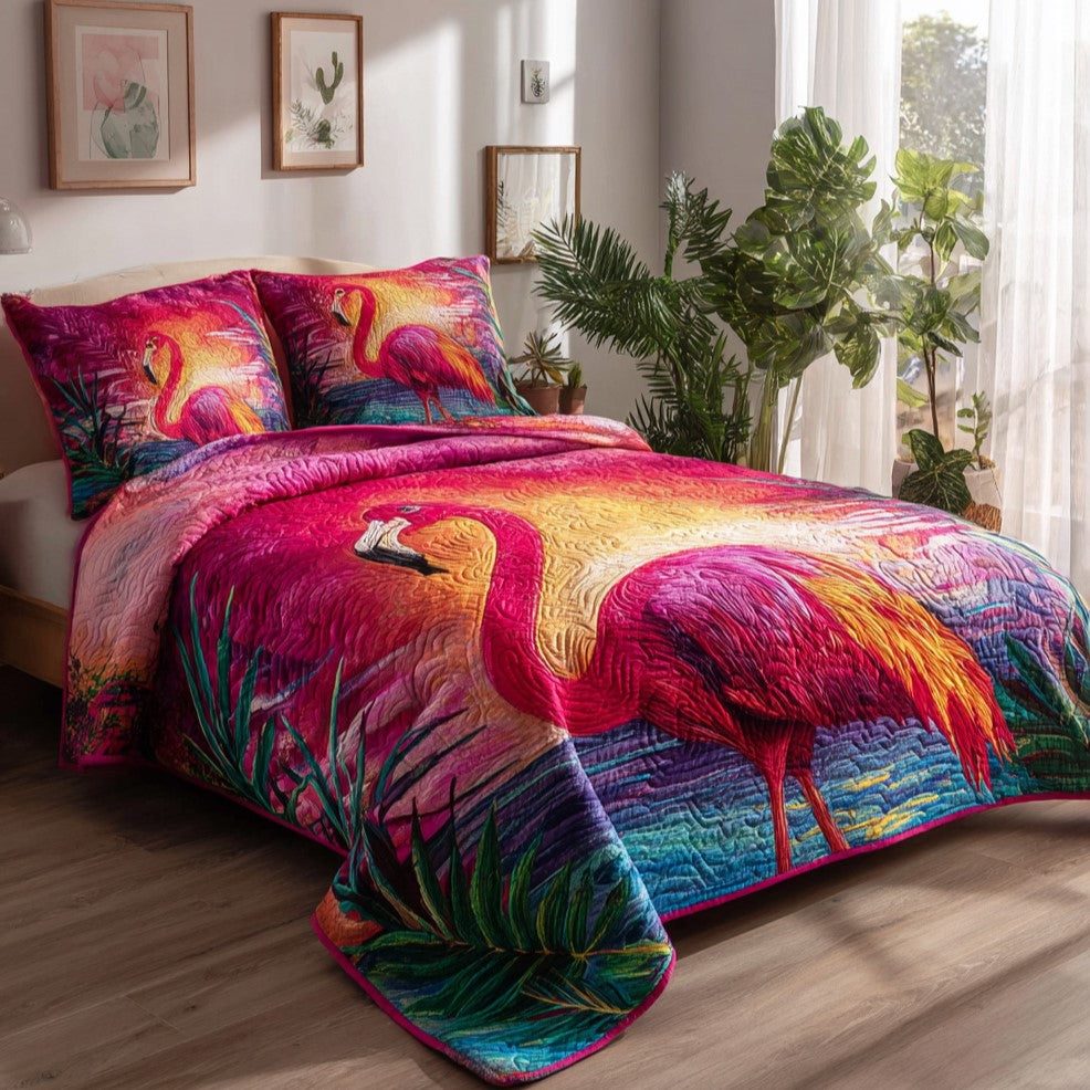 Tropical Twilight quilted 3-piece bedding set on a made bed in a light coastal bedroom