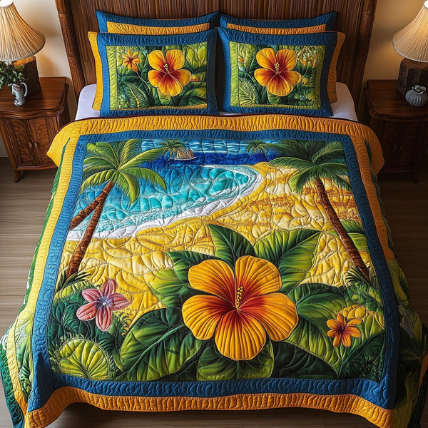 Tropical Vibe quilted 3-piece bedding set on a made bed in a light coastal bedroom