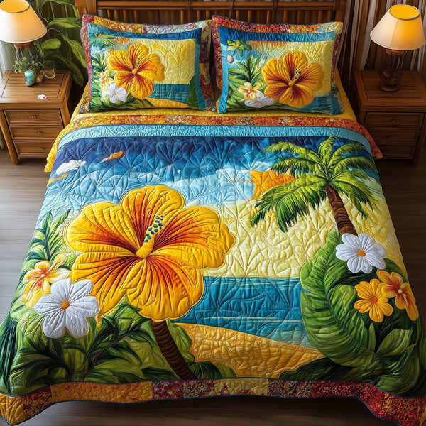 Tropical Vibe quilted 3-piece bedding set on a made bed in a light coastal bedroom