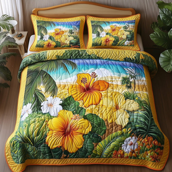 Tropical Vibe quilted 3-piece bedding set on a made bed in a light coastal bedroom