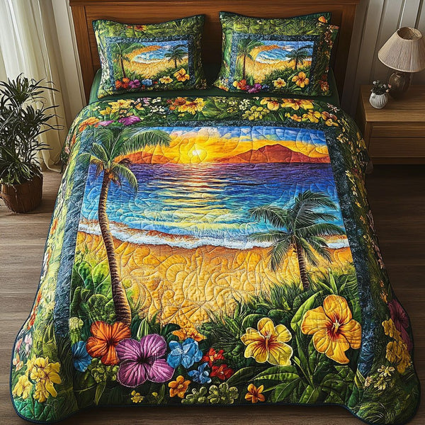 Tropical Vibe quilted 3-piece bedding set on a made bed in a light coastal bedroom