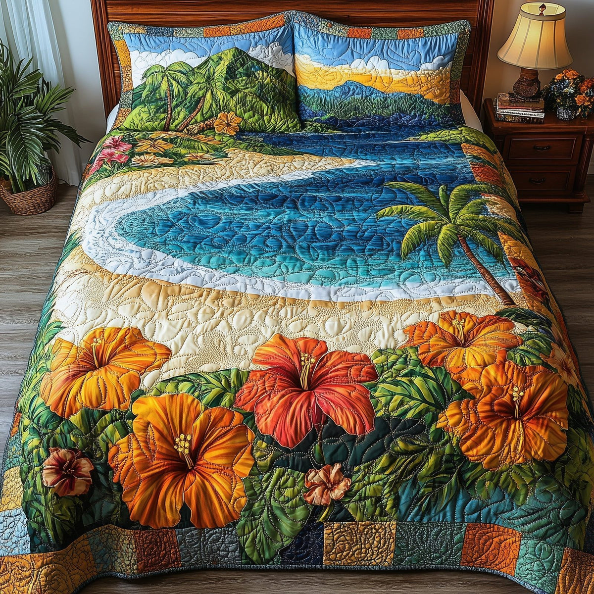 Tropical Vibe quilted 3-piece bedding set on a made bed in a light coastal bedroom