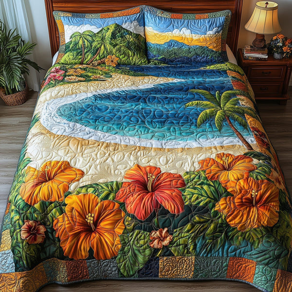 Tropical Vibe quilted 3-piece bedding set on a made bed in a light coastal bedroom
