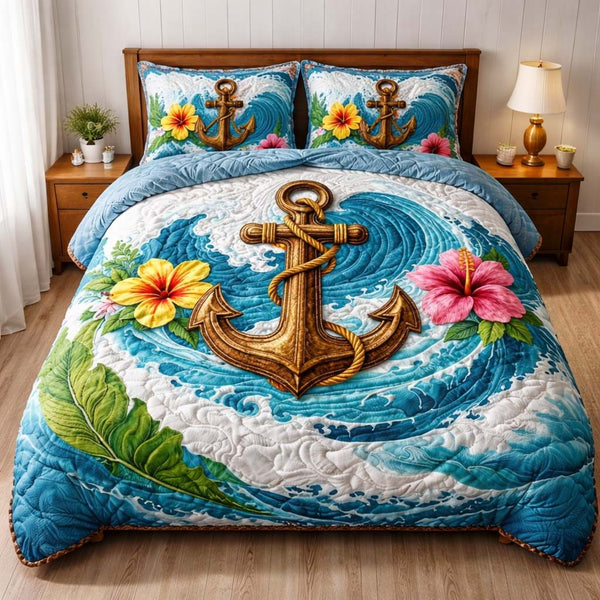 Tropical Wave Anchor quilted 3-piece bedding set on a made bed in a light coastal bedroom