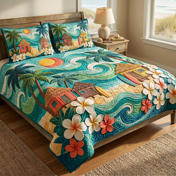Tropical Wave Escape quilted 3-piece bedding set on a made bed in a light coastal bedroom