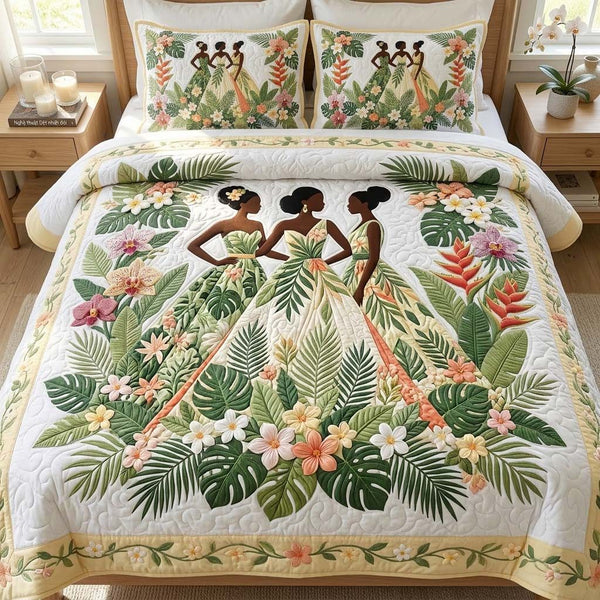 Tropical Women quilted 3-piece bedding set on a made bed in a light coastal bedroom