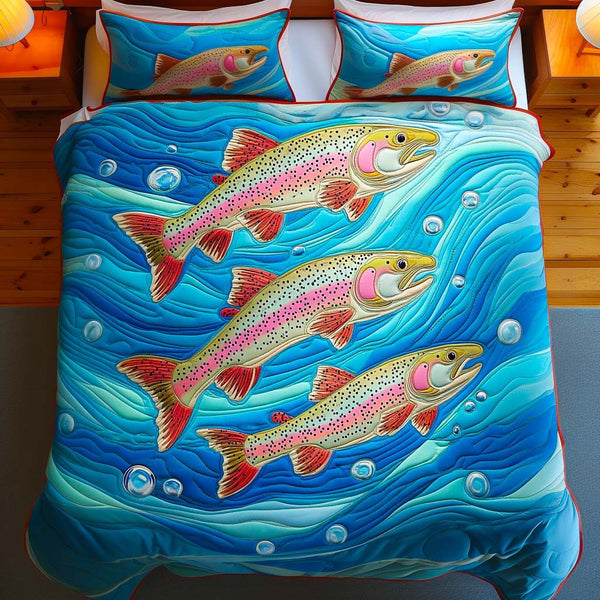 Trout Dance quilted 3-piece bedding set on a made bed with two matching pillow shams