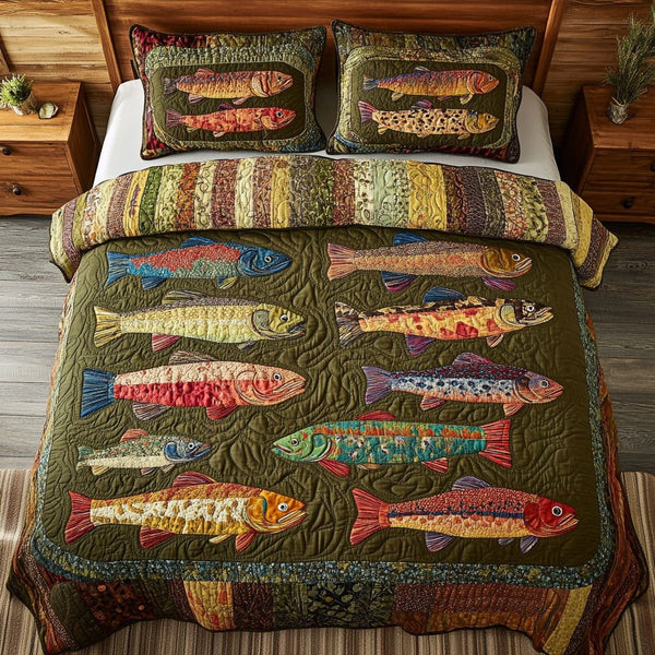 Trout Flow quilted 3-piece bedding set on a made bed with two matching pillow shams