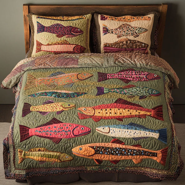 Trout Haven quilted 3-piece bedding set on a made bed with two matching pillow shams