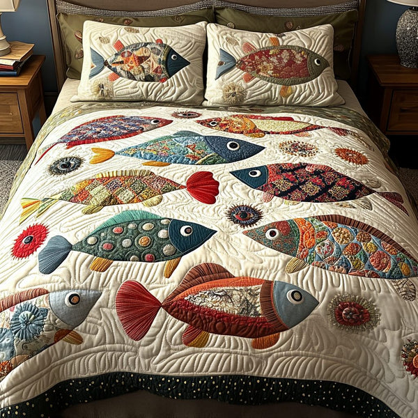 Trout Haven quilted 3-piece bedding set on a made bed with two matching pillow shams