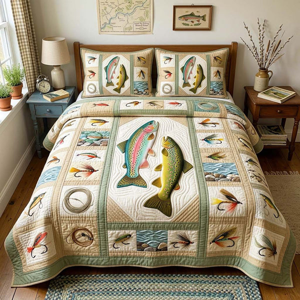 Trout Lures quilted 3-piece bedding set on a made bed with two matching pillow shams