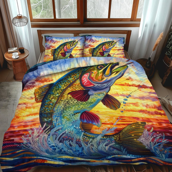 Trout Tales quilted 3-piece bedding set on a made bed with two matching pillow shams
