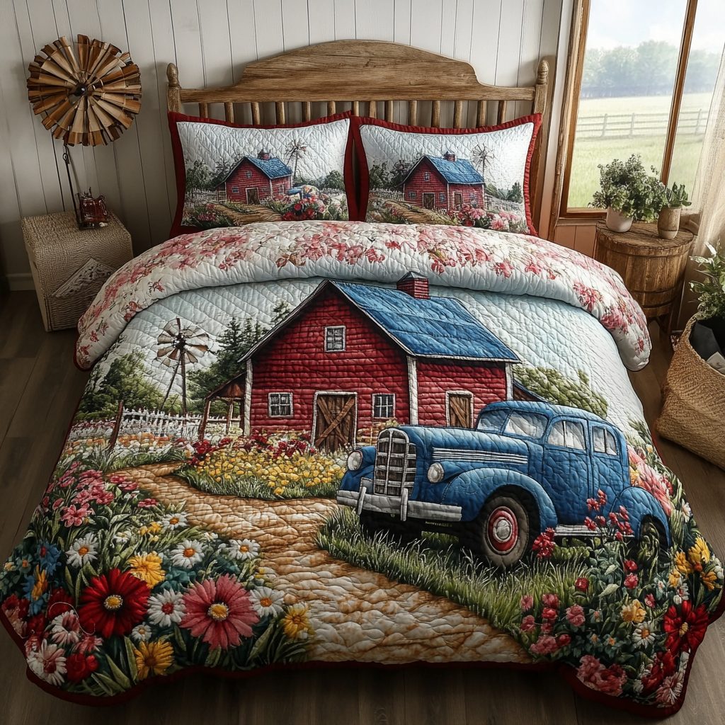 Truck Blooms quilted 3-piece bedding set on a made bed with two matching pillow shams