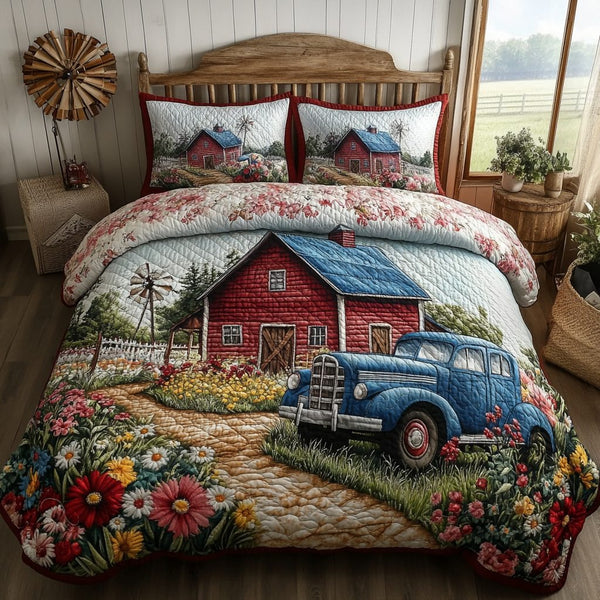 Truck Blooms quilted 3-piece bedding set on a made bed with two matching pillow shams
