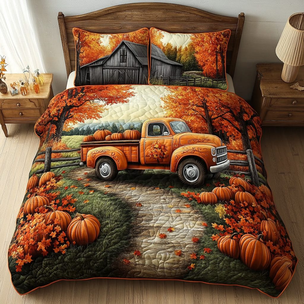 Truck Ride quilted 3-piece bedding set on a made bed with two matching pillow shams