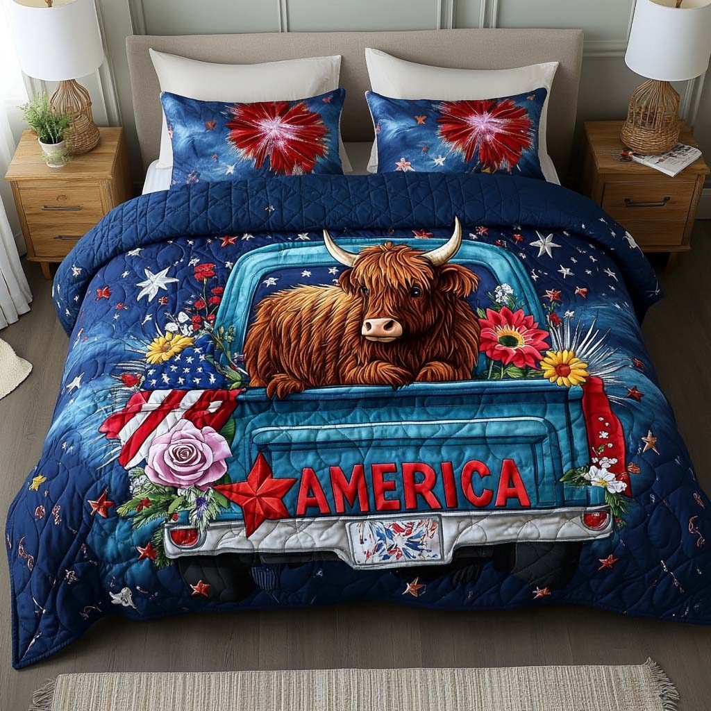 Truckin Pride quilted 3-piece bedding set on a made bed with two matching pillow shams