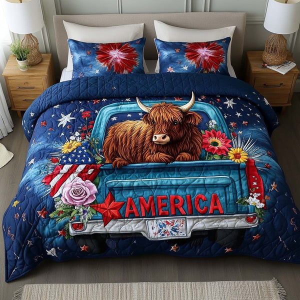 Truckin Pride quilted 3-piece bedding set on a made bed with two matching pillow shams