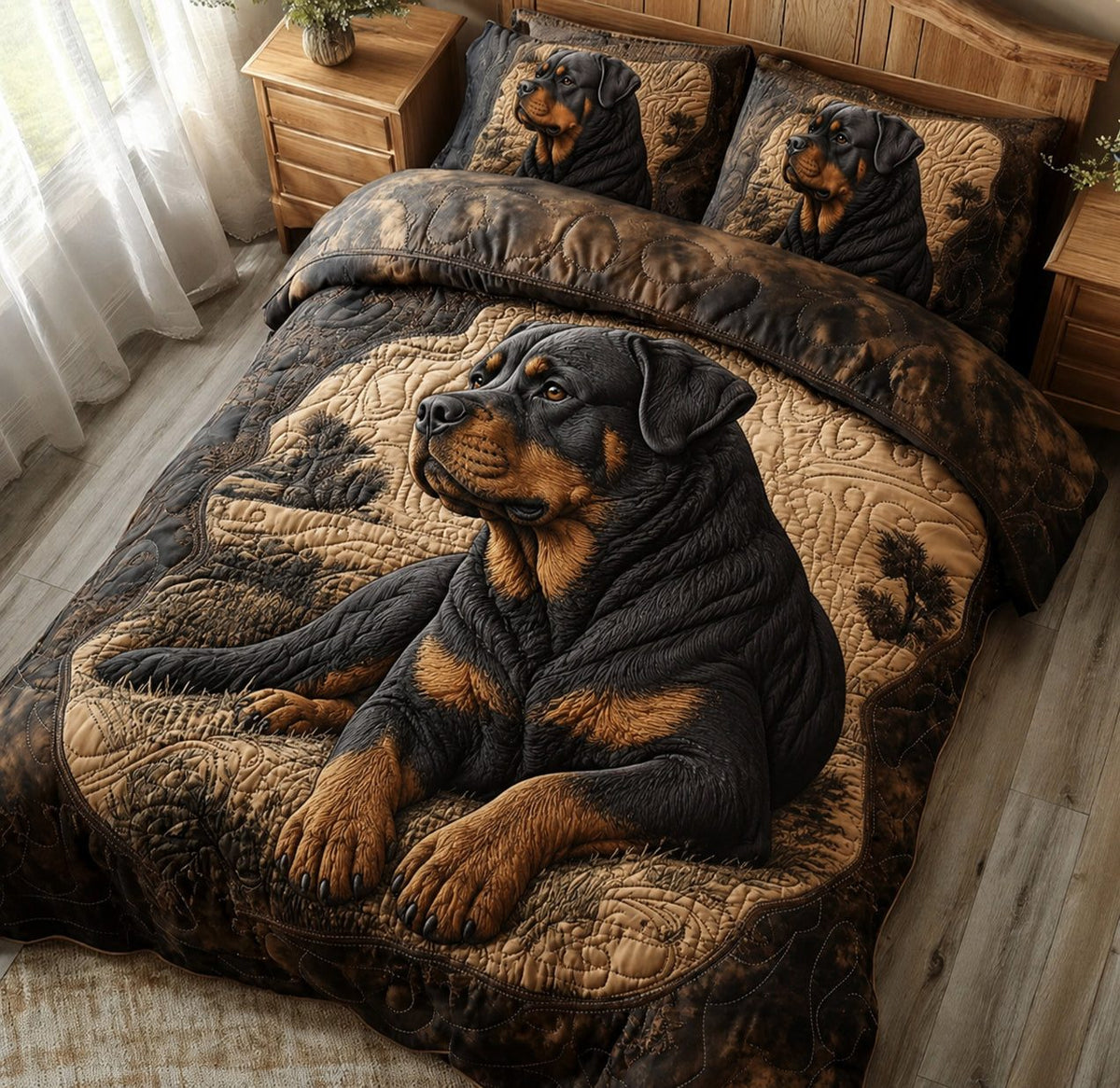 True Rottweiler quilted 3-piece bedding set on a made bed with two matching pillow shams