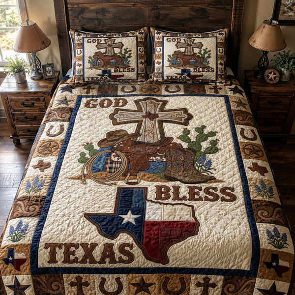 True Texan Devotion quilted 3-piece bedding set on a made bed with two matching pillow shams