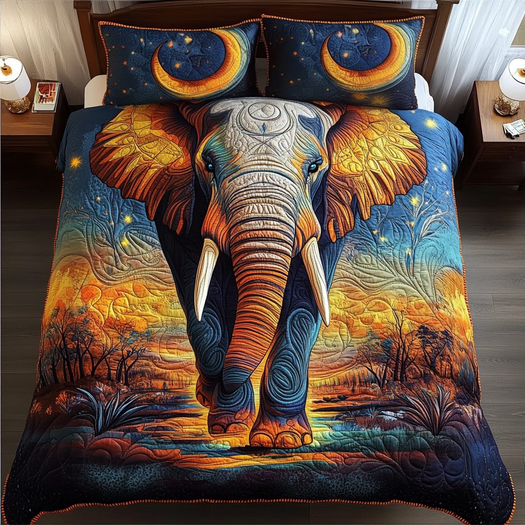 Trunk Tales quilted 3-piece bedding set on a made bed with two matching pillow shams