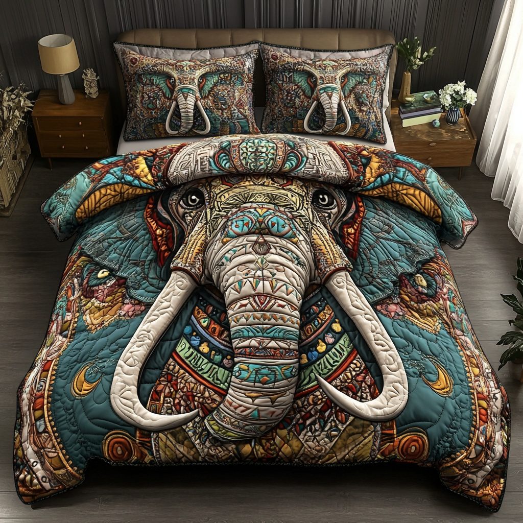 Trunk Treasures quilted 3-piece bedding set on a made bed with two matching pillow shams