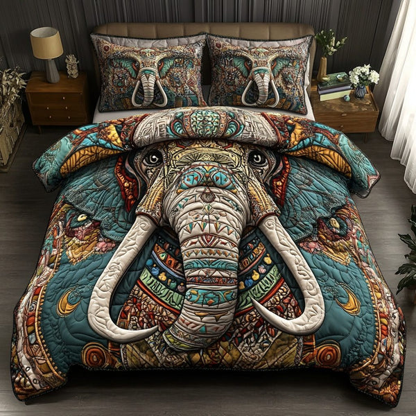 Trunk Treasures quilted 3-piece bedding set on a made bed with two matching pillow shams