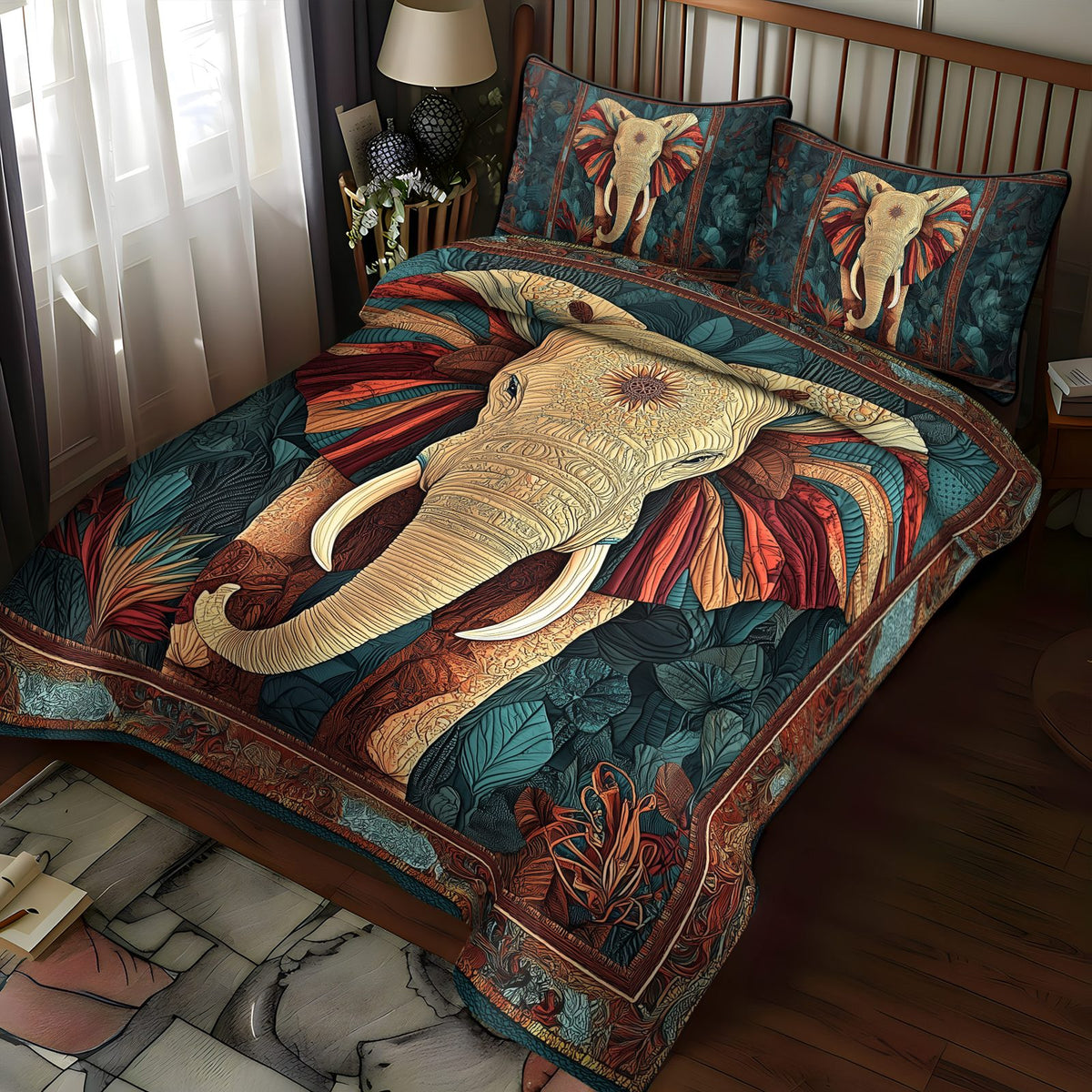 Trunked Majesty quilted 3-piece bedding set on a made bed with two matching pillow shams