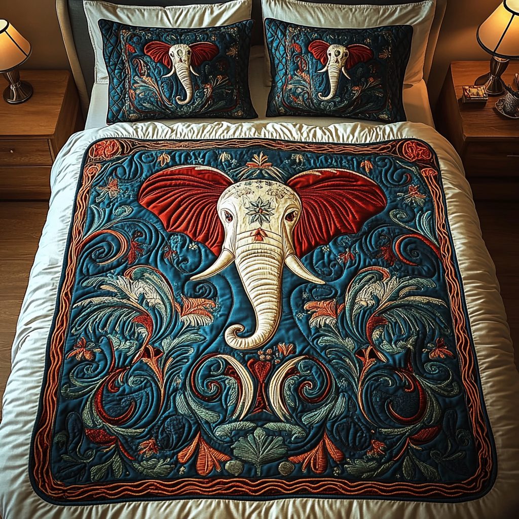 Trunked Wisdom quilted 3-piece bedding set on a made bed with two matching pillow shams