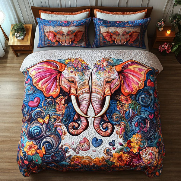 Trunkful of Love quilted 3-piece bedding set on a made bed with two matching pillow shams