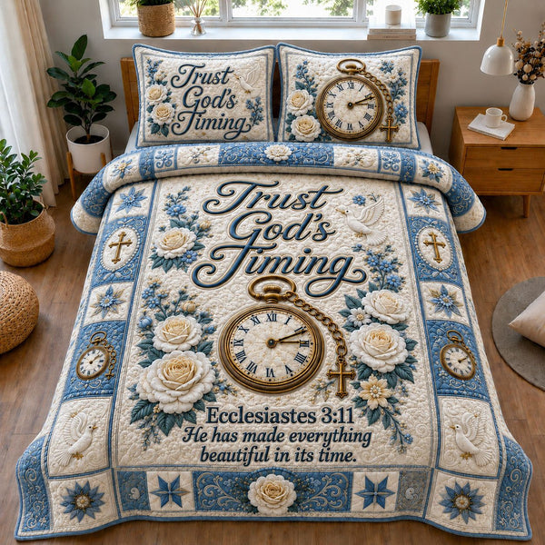 Trust God Timing Christian quilted 3-piece bedding set on a made bed in a softly lit bedroom