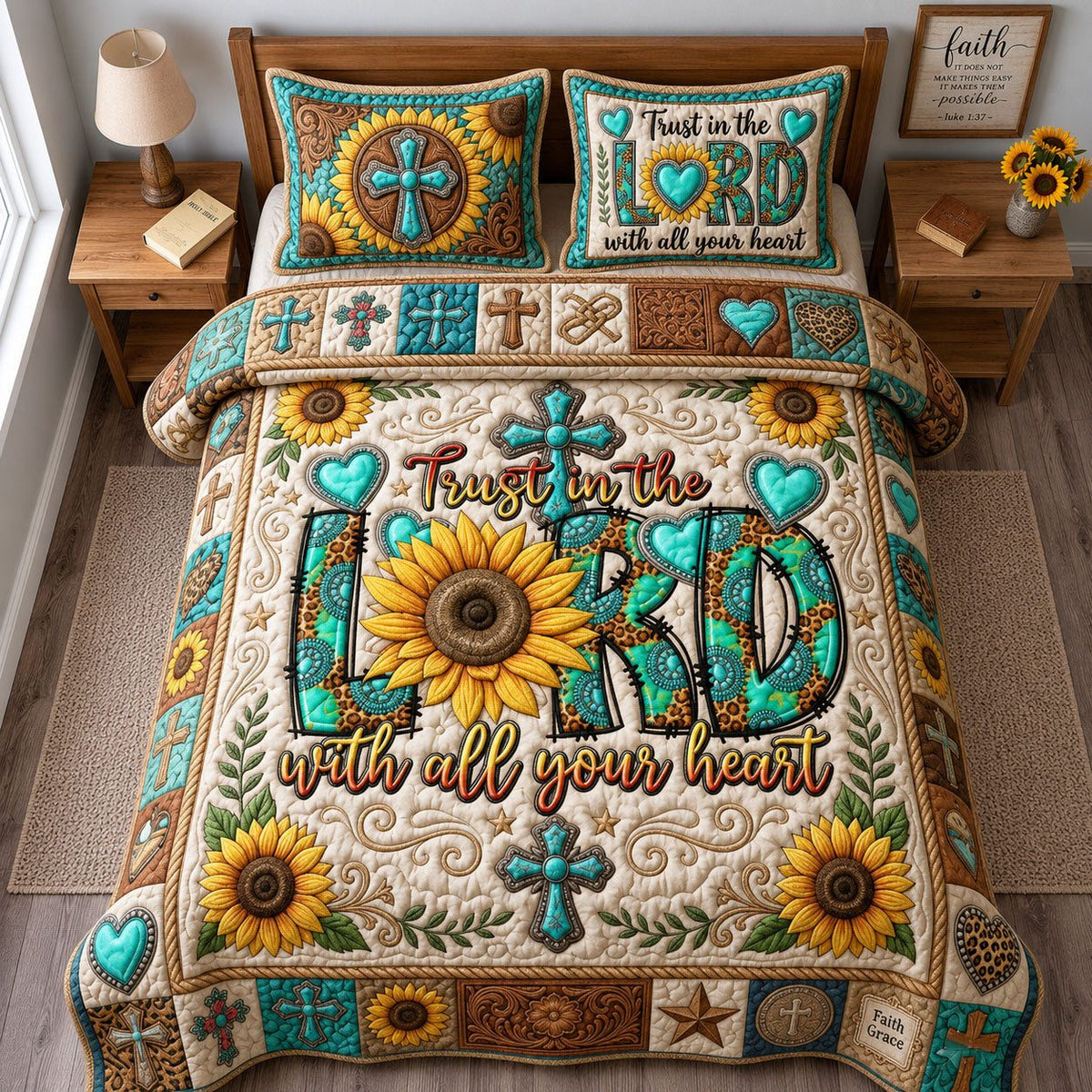 Trust in the Lord quilted 3-piece bedding set on a made bed in a softly lit bedroom