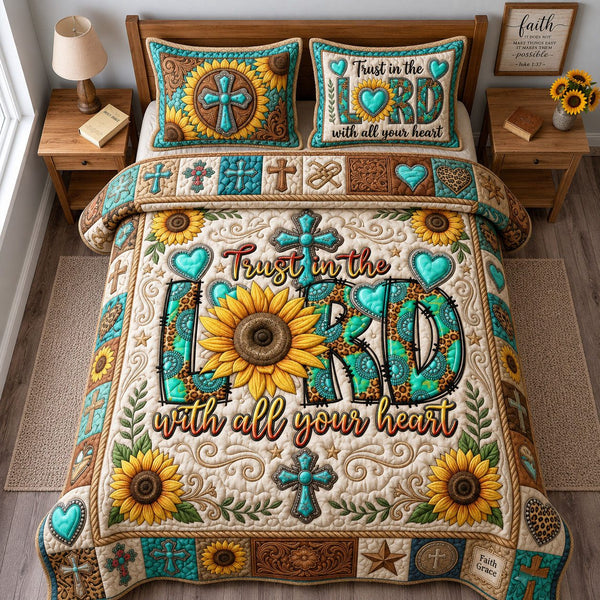 Trust in the Lord quilted 3-piece bedding set on a made bed in a softly lit bedroom