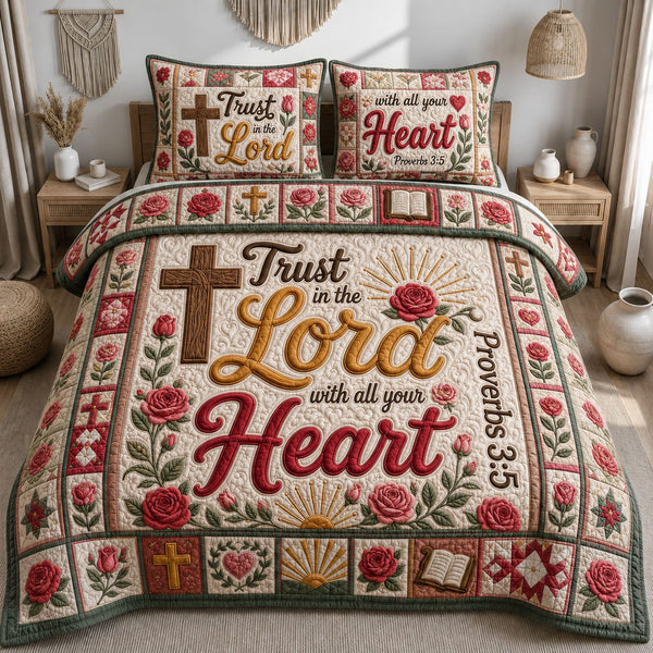 Trust In The Lord With All Your Heart quilted 3-piece bedding set on a made bed in a softly lit bedroom