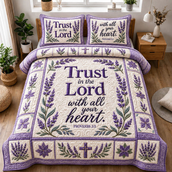 Trust In The Lord With All Your Heart quilted 3-piece bedding set on a made bed in a softly lit bedroom
