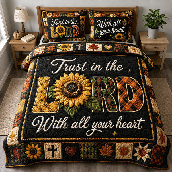 Trust In The Lord With All Your Heart quilted 3-piece bedding set on a made bed in a softly lit bedroom