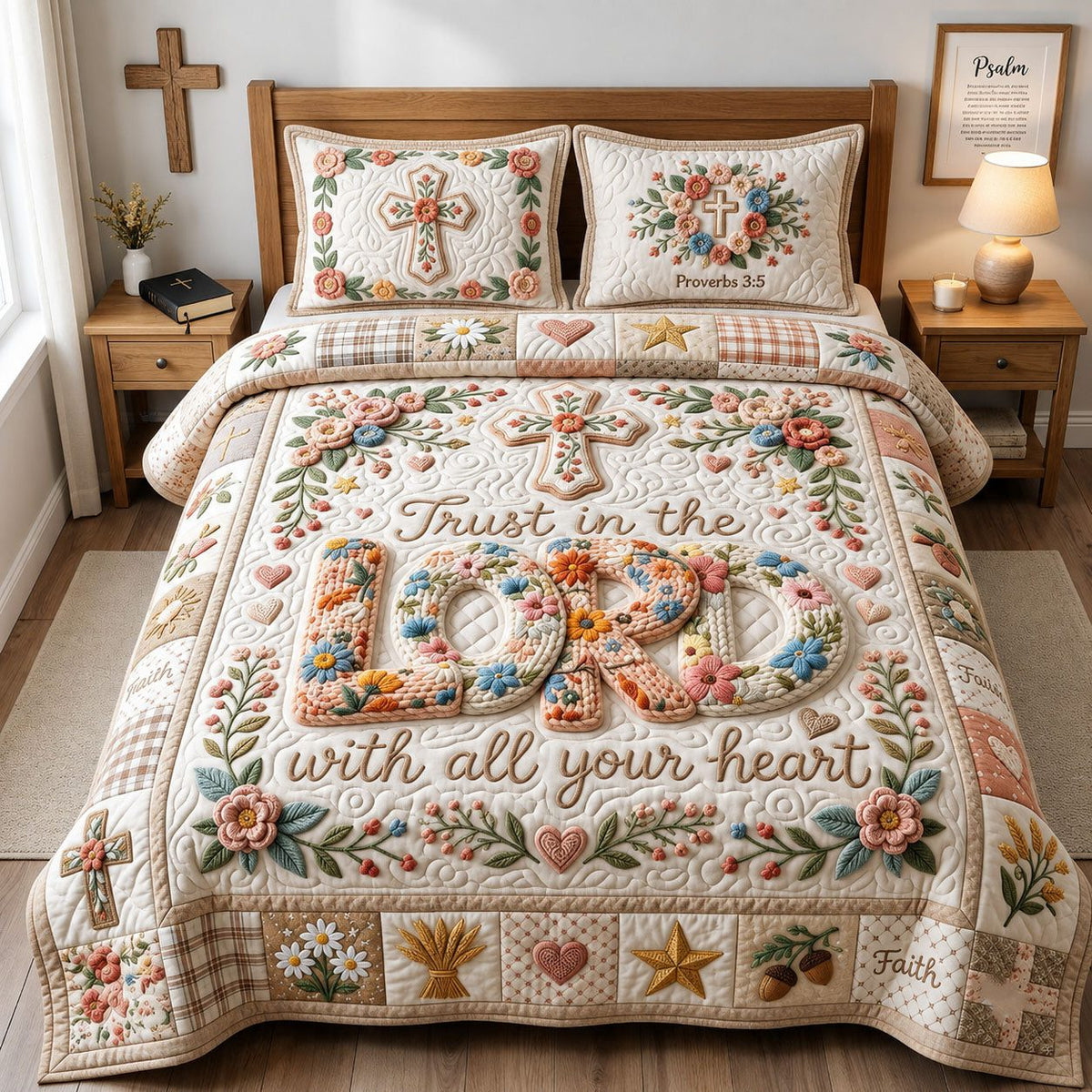 Trust the Lord Crochet quilted 3-piece bedding set on a made bed in a softly lit bedroom